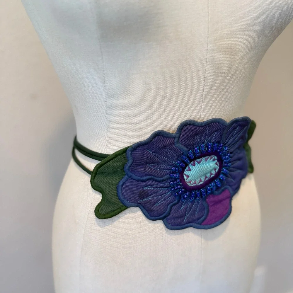 Ellen Edith Purple Beaded Embroidered Flower Waist Belt Bohemian Artisan Tie